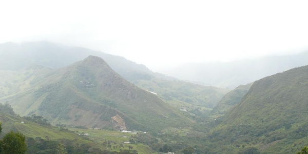 Paisaje de montañas verdes con niebla y un valle en tonos apagados, ambiente sereno