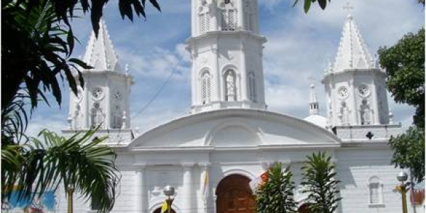 Edificio blanco institucional con dos torres campanario y cúpula, rodeado de palmeras bajo un cielo azul despejado